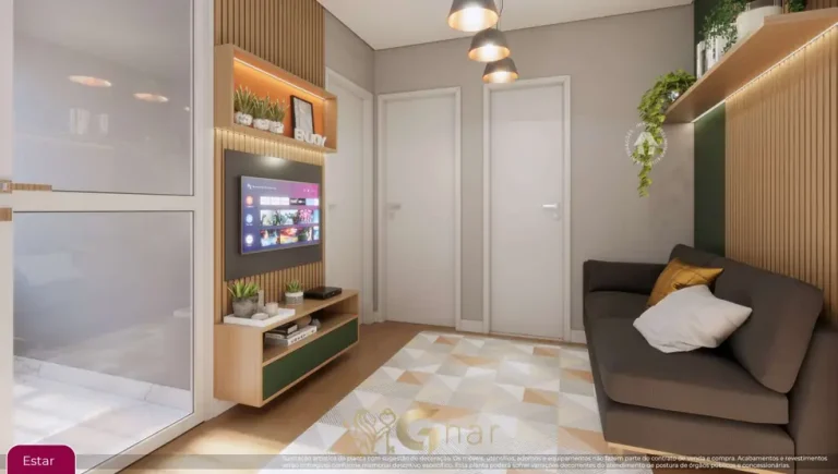 Sala de estar do apartamento de 1 dormitório decorado em apartamentos no bairro de Pirituba, São Paulo
