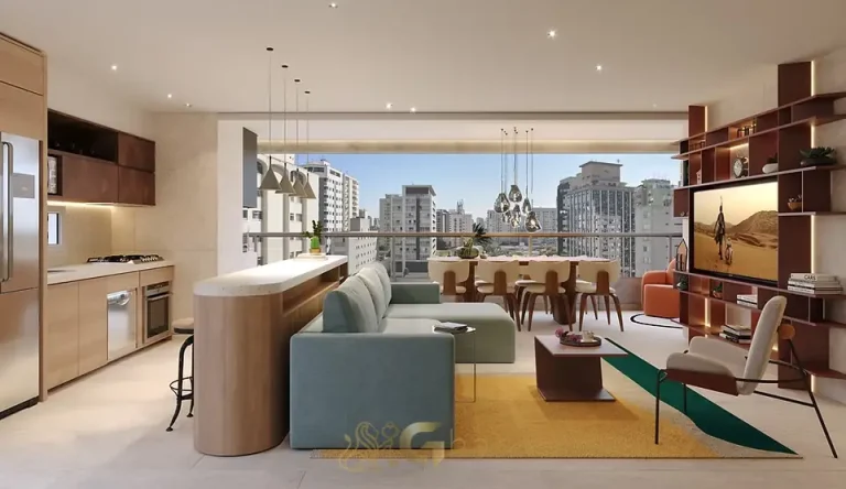 Sala integrada do apartamento decorado em apartamentos no bairro de Moema, São Paulo