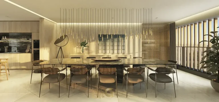 Sala de jantar decorada do condomínio Copa no bairro de Moema, São Paulo