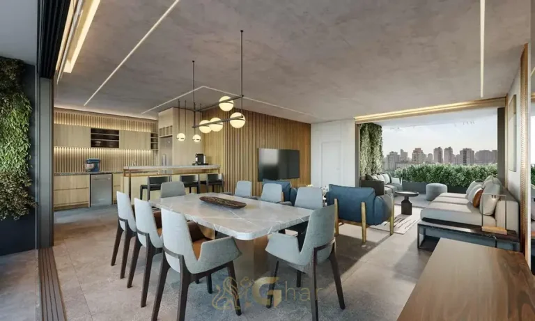 Sala de jantar do apartamento decorado do condomínio Funchal 641 Residences no bairro da Vila Olímpia, São Paulo