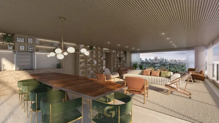 Sala de jantar do apartamento decorado do condomínio Mirage Ibirapuera no bairro do Ibirapuera, São Paulo