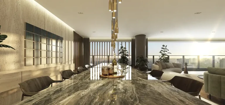 Sala de jantar integrada ao living em apartamentos no bairro de Moema, São Paulo