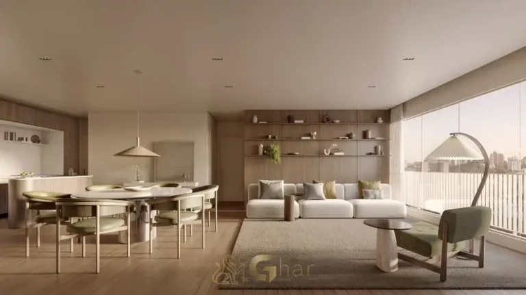 Sala de jantar integrada à varanda do decorado do condomínio Gavia Moema no bairro de Moema, São Paulo