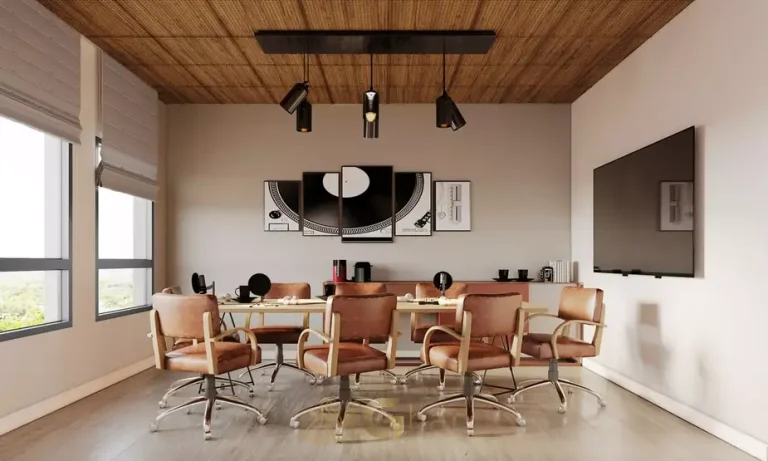 Sala de reunião com estúdio de podcast em apartamentos no bairro de Moema, São Paulo