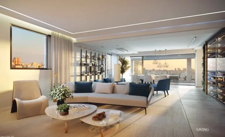 Sala com terraço do apartamento decorado do condomínio Un Limited Homes no bairro da Vila Olímpia, São Paulo
