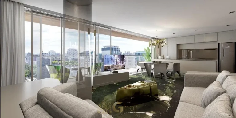 Sala com terraço do apartamento decorado em apartamentos no bairro da Vila Olímpia, São Paulo