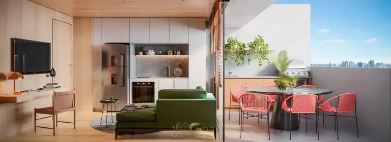 Sala integrada à varanda do apartamento decorado em condomínio residencial no bairro de Moema, na Zona Sul de São Paulo