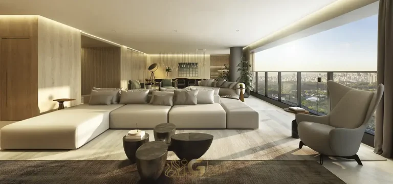 Sala integrada à varanda gourmet em apartamentos no bairro de Moema, São Paulo