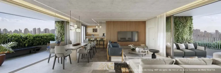 Sala com varanda do apartamento decorado em condomínio residencial no bairro da Vila Olímpia, na Zona Oeste de São Paulo