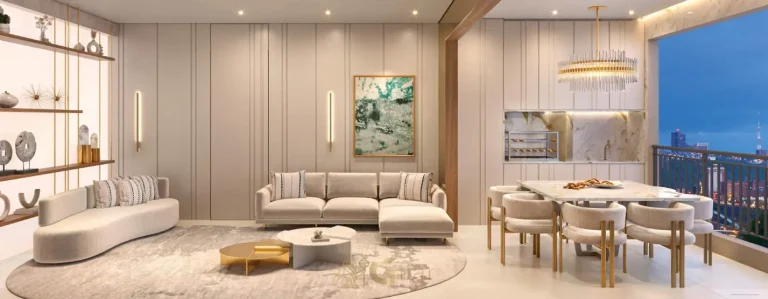 Sala integrada à varanda do apartamento decorado em apartamentos no bairro do Brooklin, São Paulo