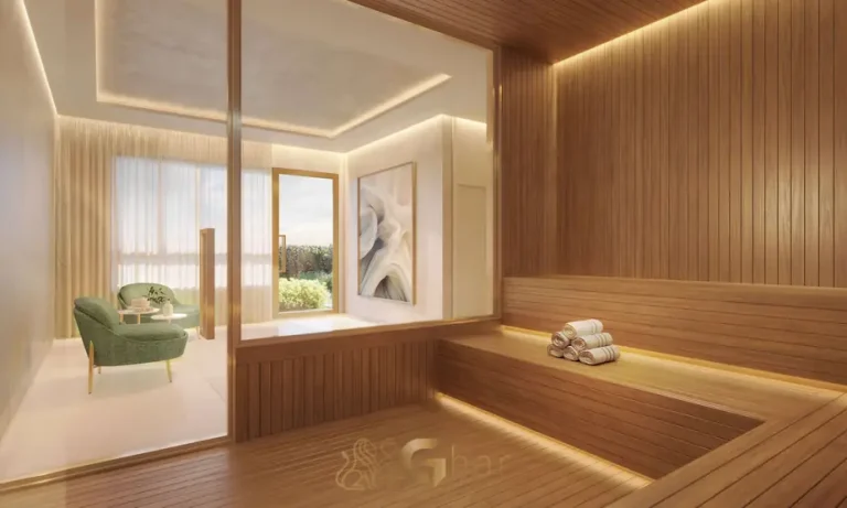 Sauna do wellness center em apartamentos no bairro do Brooklin, São Paulo
