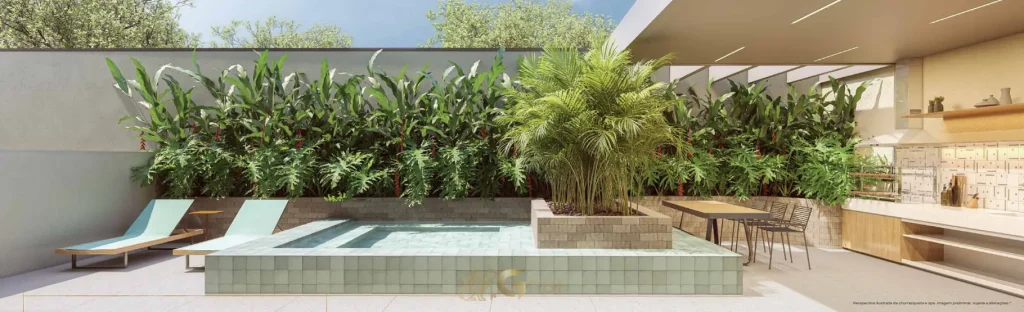Spa e churrasqueira do térreo em apartamentos no bairro de Moema, São Paulo