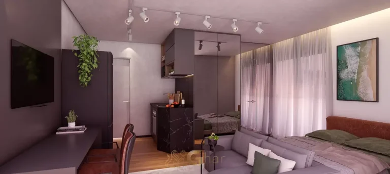 Studio decorado com marcenaria planejada em condomínio residencial no bairro de Moema, na Zona Sul de São Paulo