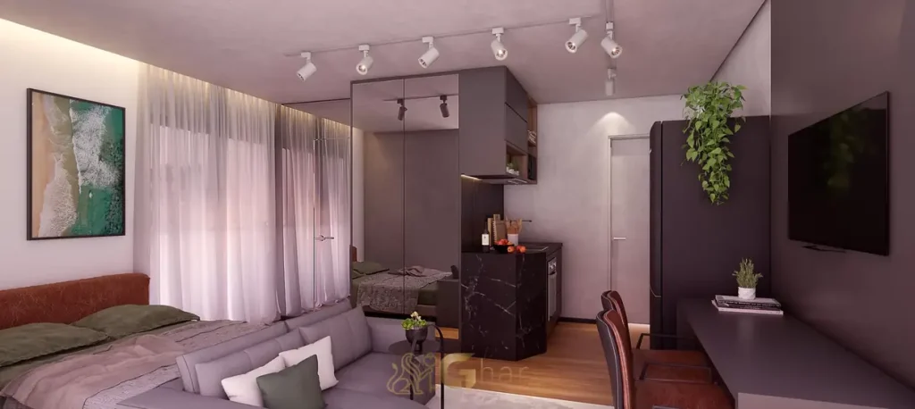 Studio decorado com ambiente integrado do condomínio Autoral Moema Studios no bairro de Moema, São Paulo