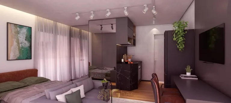 Studio decorado com ambiente integrado do condomínio Autoral Moema Studios no bairro de Moema, São Paulo