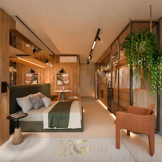 Studio decorado em apartamentos no bairro de Moema, São Paulo