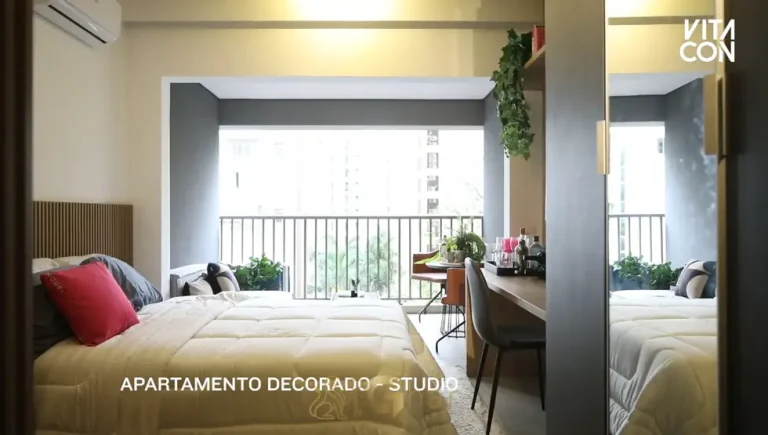 O studio decorado em condomínio residencial no bairro de Moema, na Zona Sul de São Paulo