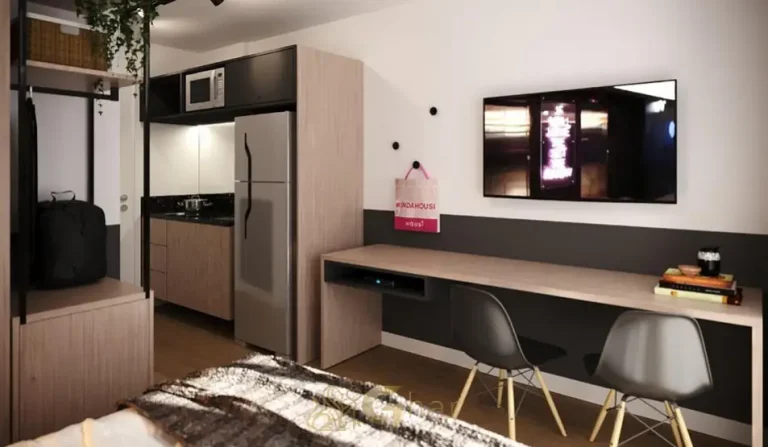 Studio decorado em condomínio residencial no bairro de Moema, na Zona Sul de São Paulo