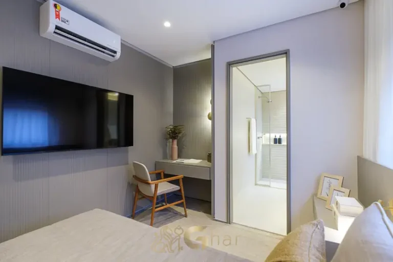 Suíte do apartamento decorado do condomínio Art Space Moema no bairro de Moema, São Paulo