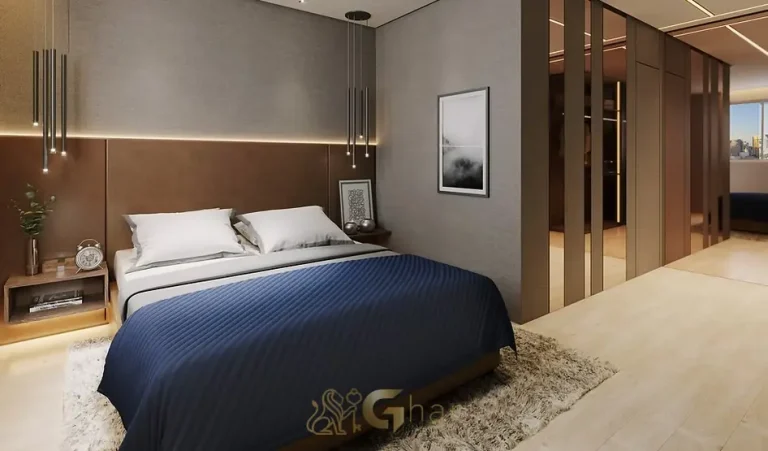 Suíte master do apartamento decorado do condomínio Nhambí Moema no bairro de Moema, São Paulo