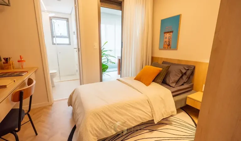 Suíte de solteiro do apartamento decorado do condomínio Nhambí Moema no bairro de Moema, São Paulo