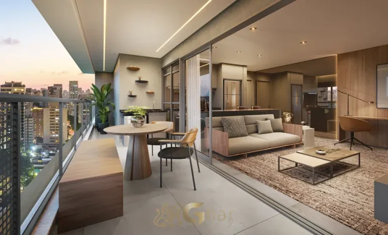 Terraço do apartamento decorado de 81 m² em condomínio residencial no bairro da Vila Nova Conceição, na Zona Sul de São Paulo