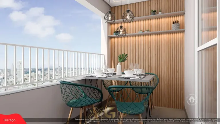 Terraço do apartamento decorado em condomínio residencial no bairro de Artur Alvim, na Zona Leste de São Paulo