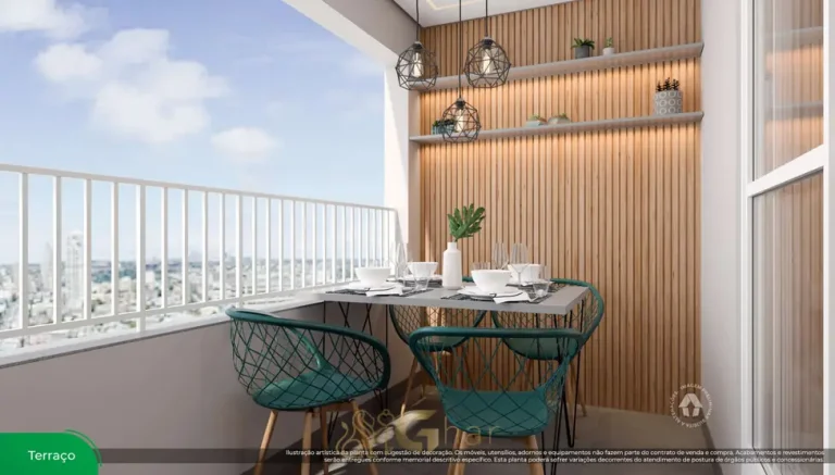 Terraço do apartamento decorado de 2 dormitórios do condomínio Metrocasa Estação Sacomã no bairro do Sacomã, São Paulo