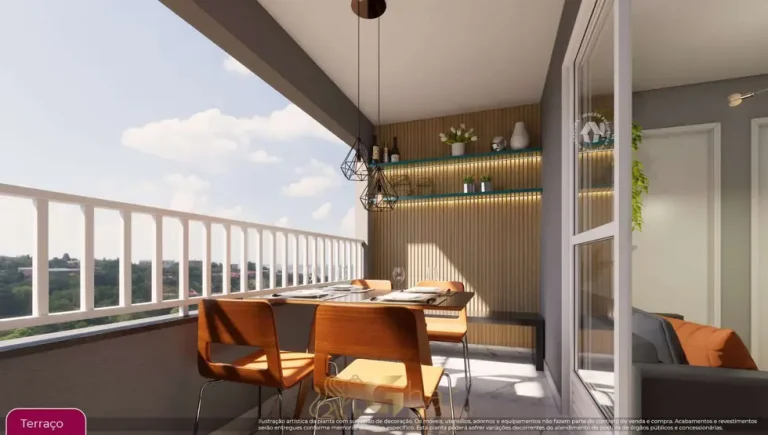Terraço do apartamento de 2 dormitórios decorado em condomínio residencial no bairro de Pirituba, na Zona Norte de São Paulo