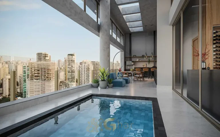 Terraço com piscina do apartamento decorado do condomínio Park Avenue no bairro de Moema, São Paulo