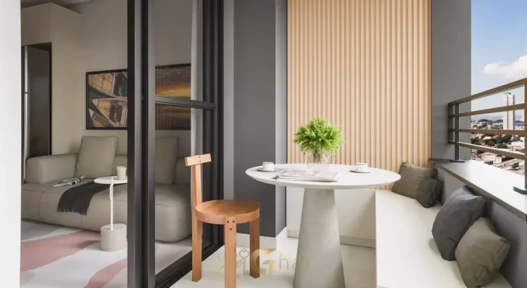 Varanda com vista do apartamento decorado do condomínio Maison no bairro da Vila Olímpia, São Paulo