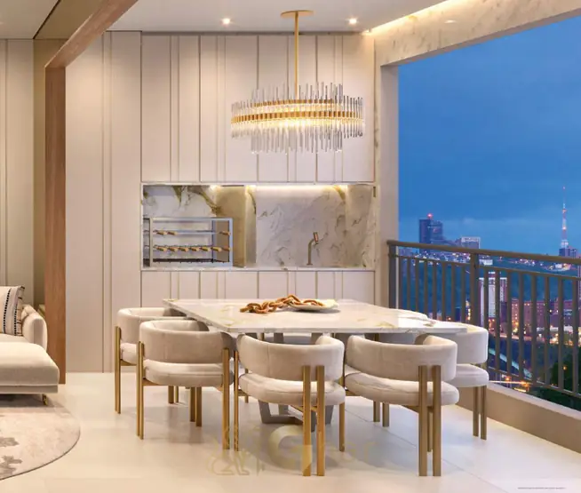 Varanda gourmet do apartamento decorado em condomínio residencial no bairro do Brooklin, na Zona Sul de São Paulo