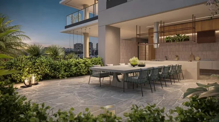 Varanda gourmet da unidade garden em condomínio residencial no bairro de Moema, na Zona Sul de São Paulo