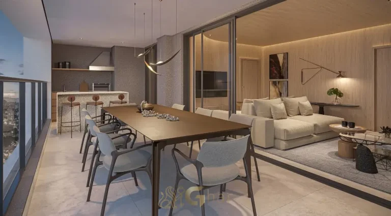 Varanda gourmet integrada ao living em apartamentos no bairro de Moema, São Paulo