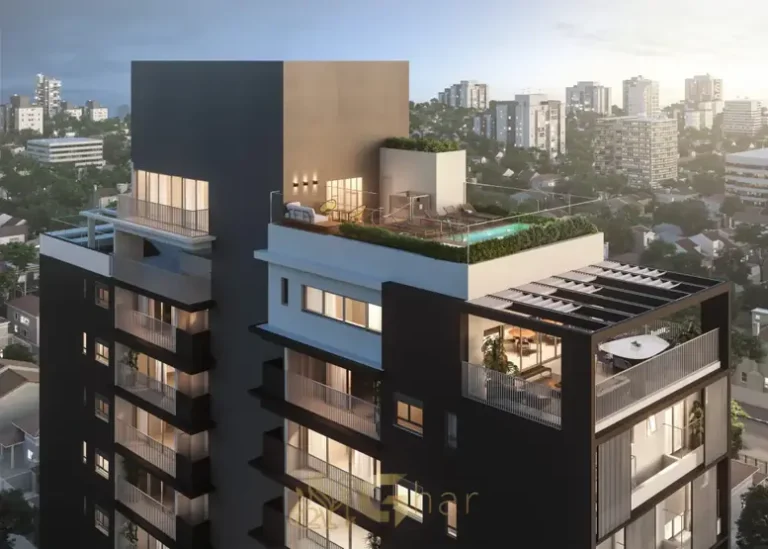 Vista aérea do rooftop de lazer em condomínio residencial no bairro de Moema, na Zona Sul de São Paulo