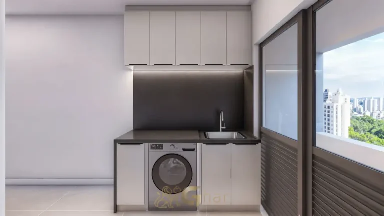 Área de serviço do apartamento decorado do condomínio Skyline Brooklin no bairro do Brooklin, em São Paulo