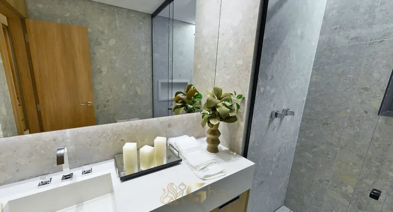 Banheiro senhora da suíte master do apartamento decorado em condomínio residencial no Brooklin Zona Sul de São Paulo