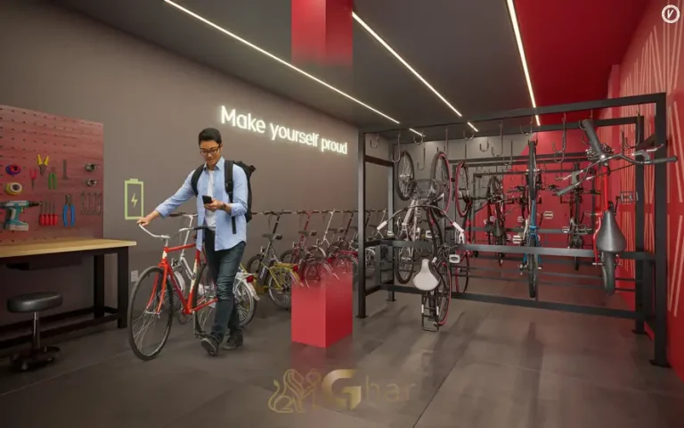 Bicicletário com estrutura para bikes em condomínio residencial no bairro da Vila Olímpia, na Zona Sul de São Paulo