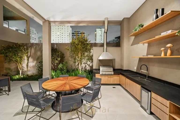 Churrasqueira com bancada gourmet em condomínio residencial no Brooklin Zona Sul de São Paulo