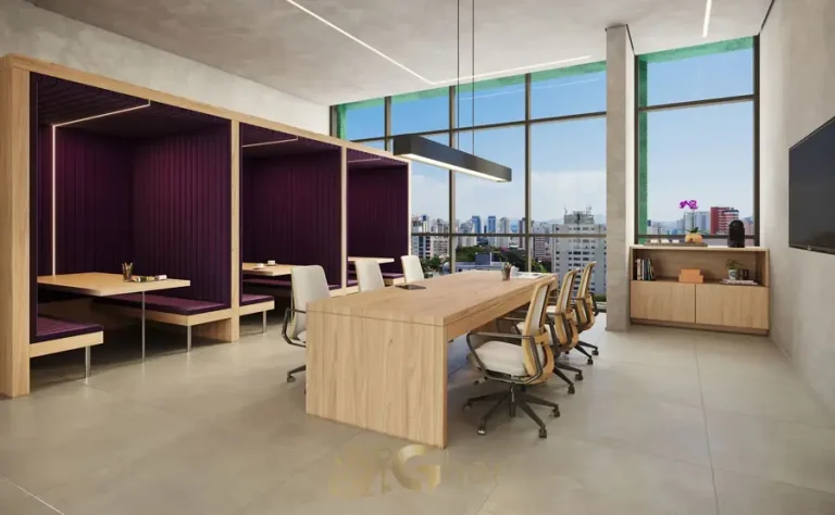 Coworking com área de trabalho do condomínio Versa Brooklin no bairro do Brooklin, São Paulo