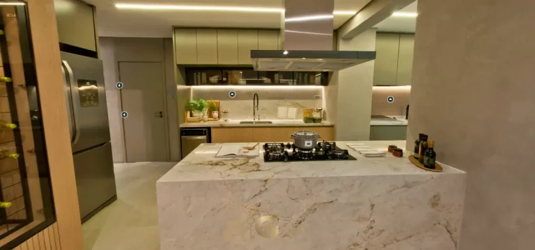 Cozinha do apartamento decorado do condomínio Essential Brooklin no bairro do Brooklin, em São Paulo