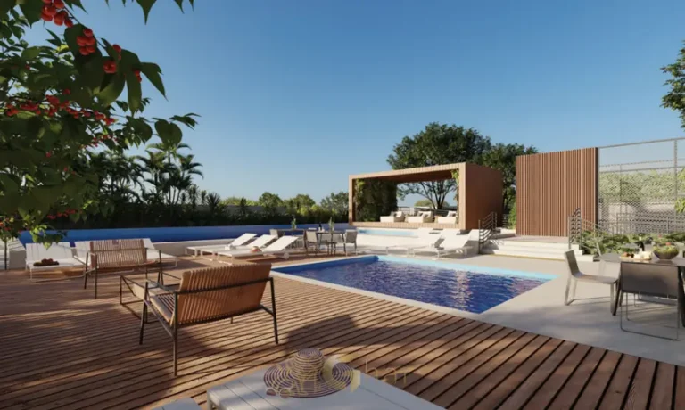 Deck molhado junto à piscina em apartamentos no bairro do Brooklin, São Paulo