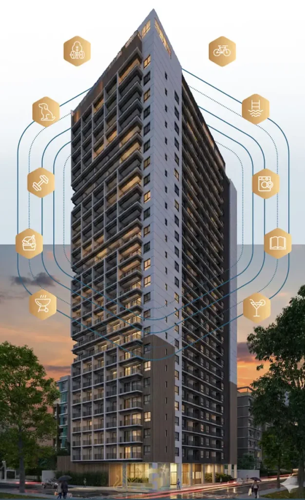 Fachada contemporânea da torre única em condomínio residencial no bairro do Brooklin, na Zona Sul de São Paulo