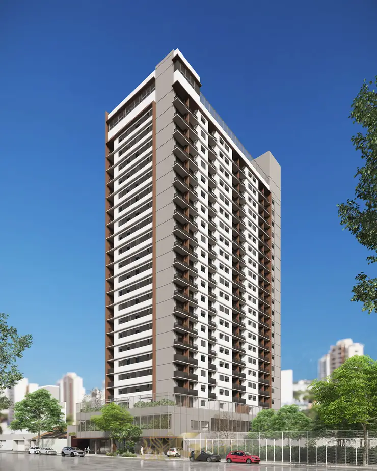 Fachada contemporânea com torre única do condomínio Bracon Quatá no bairro da Vila Olímpia em São Paulo