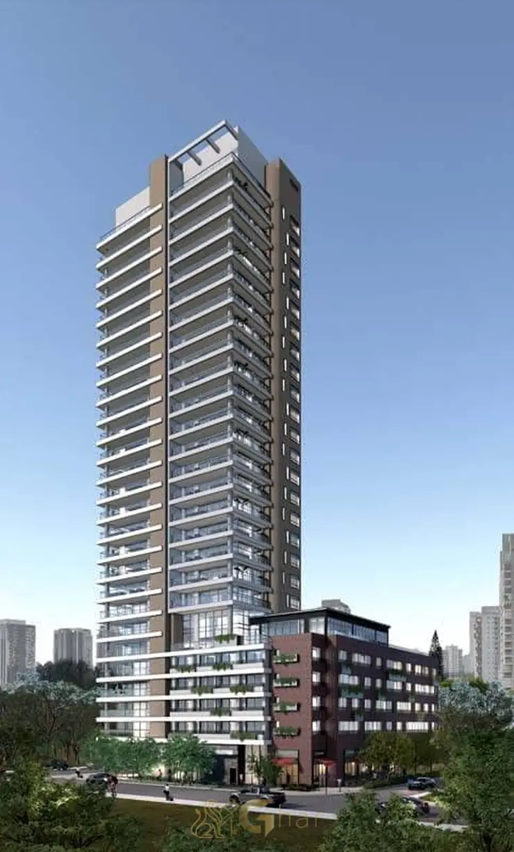 Fachada contemporânea da torre única do condomínio Essential Brooklin no bairro do Brooklin, em São Paulo