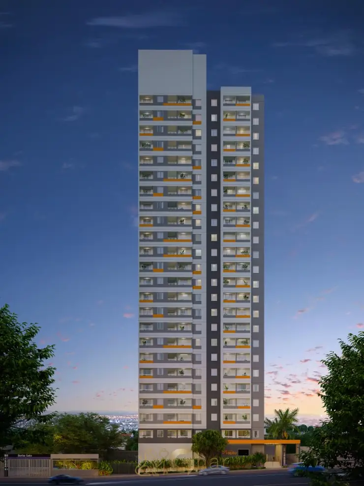 Fachada contemporânea da torre do condomínio Mundo Apto Estação Borba Gato no bairro do Brooklin, São Paulo
