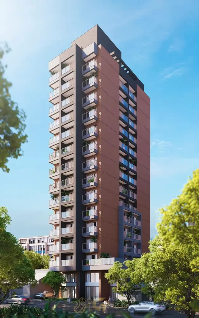 Fachada contemporânea da torre única do condomínio Stella Marina no bairro Brooklin em São Paulo