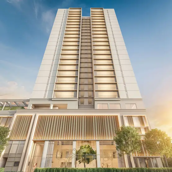 Fachada residencial com volumetria contemporânea em apartamentos no Brooklin, São Paulo