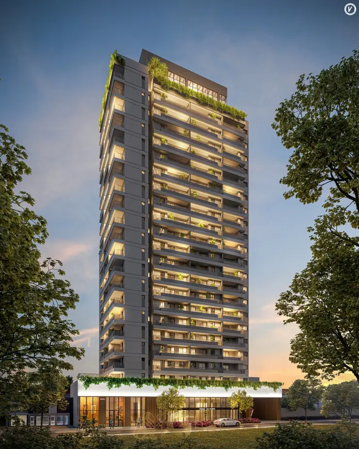 Fachada contemporânea com volumetria urbana do condomínio Vitacon Vila Olímpia no bairro da Vila Olímpia, São Paulo