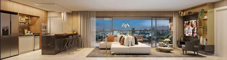 Living ampliado do apartamento decorado em apartamentos no Ibirapuera São Paulo